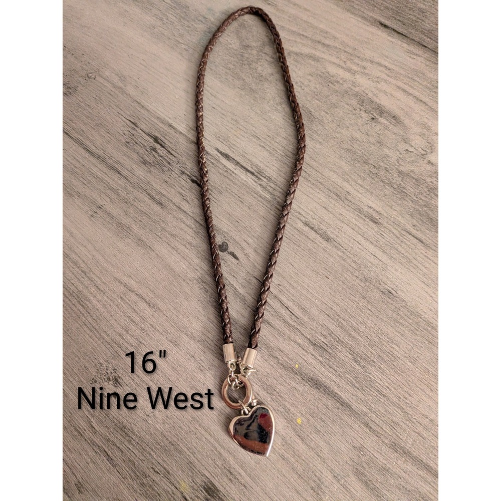 Nine West Heart Pendant Braided Cord Necklace Brown Silver Tone Toggle Clasp 16"